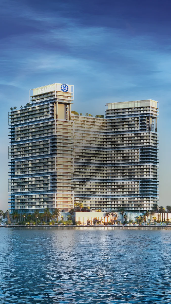 Official render of Chelsea Residences waterfront towers in Dubai Maritime City