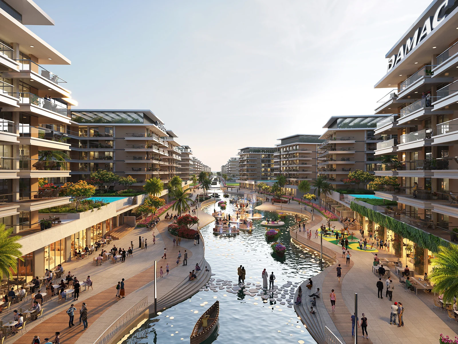 Official render of DAMAC Riverside Views apartments beside the canal