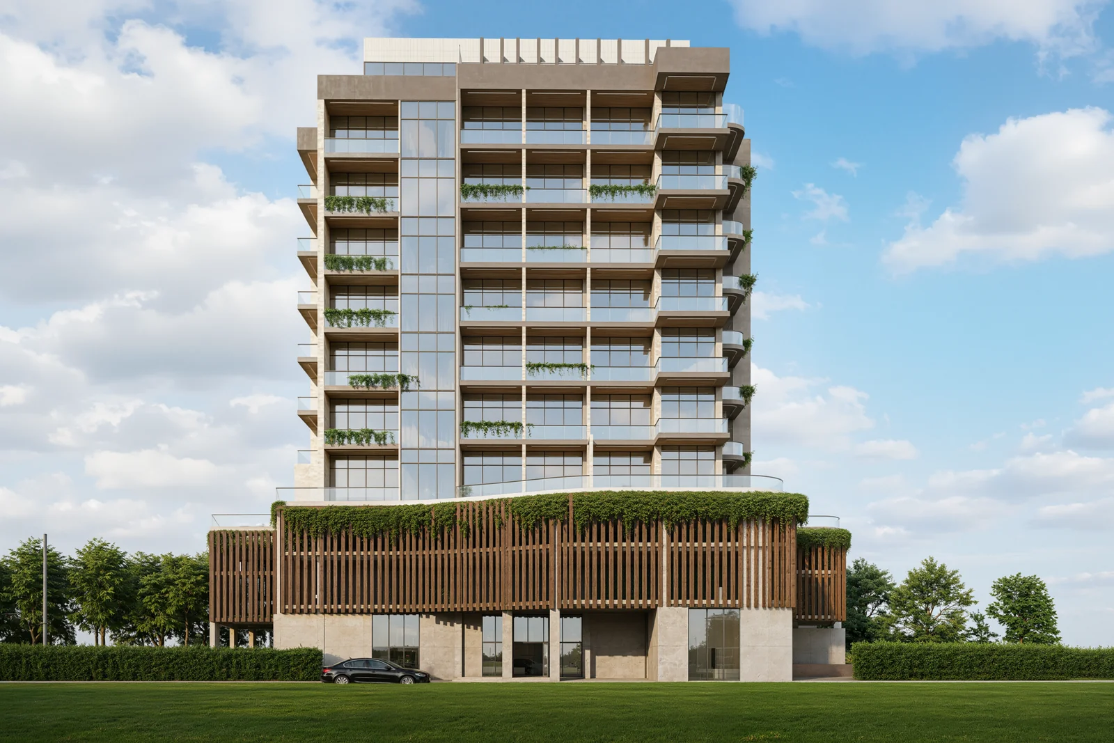 Official architectural render of Golf Terrace Residences in Dubai Production City