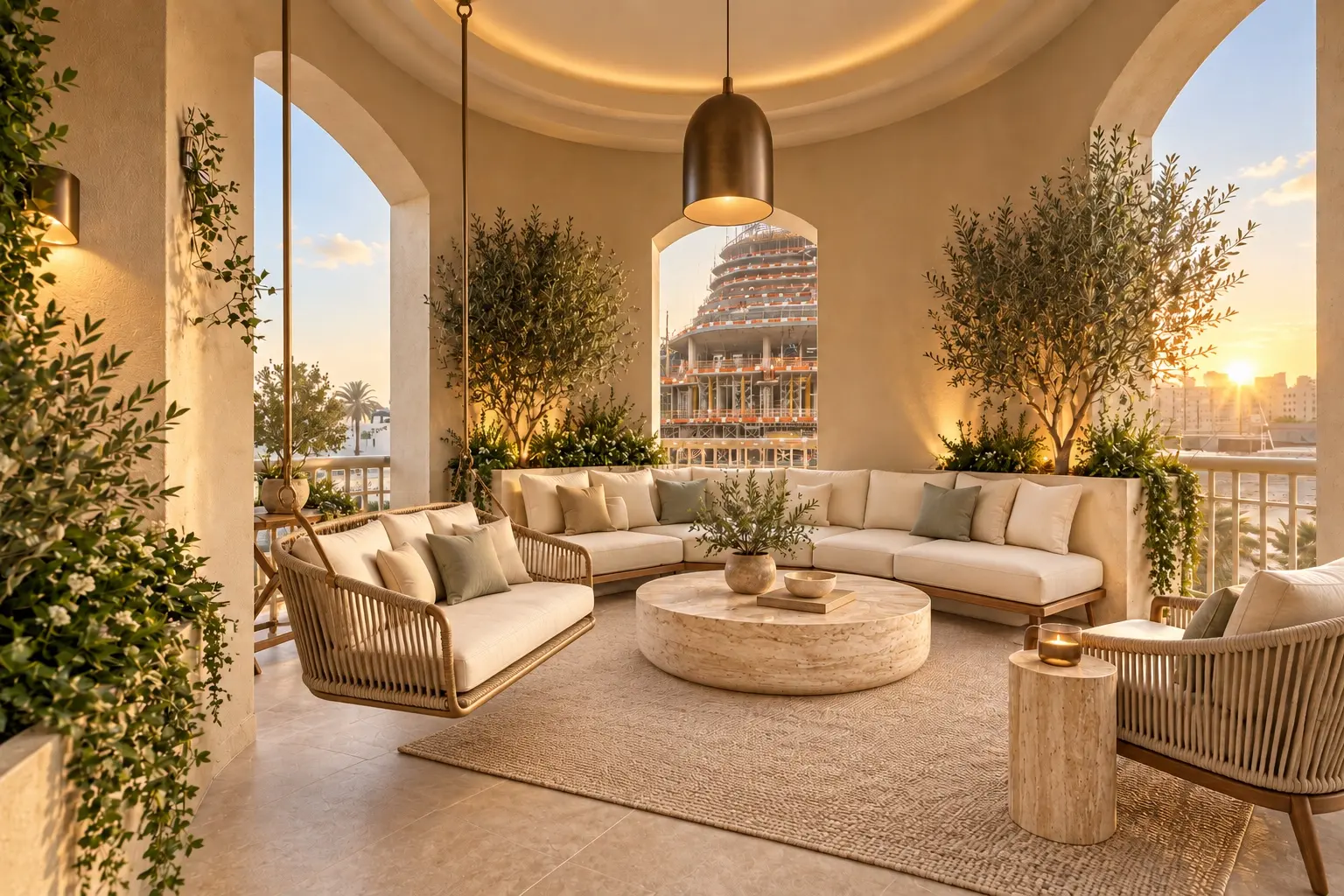Renovated balcony with integrated planting, lounge seating and warm lighting
