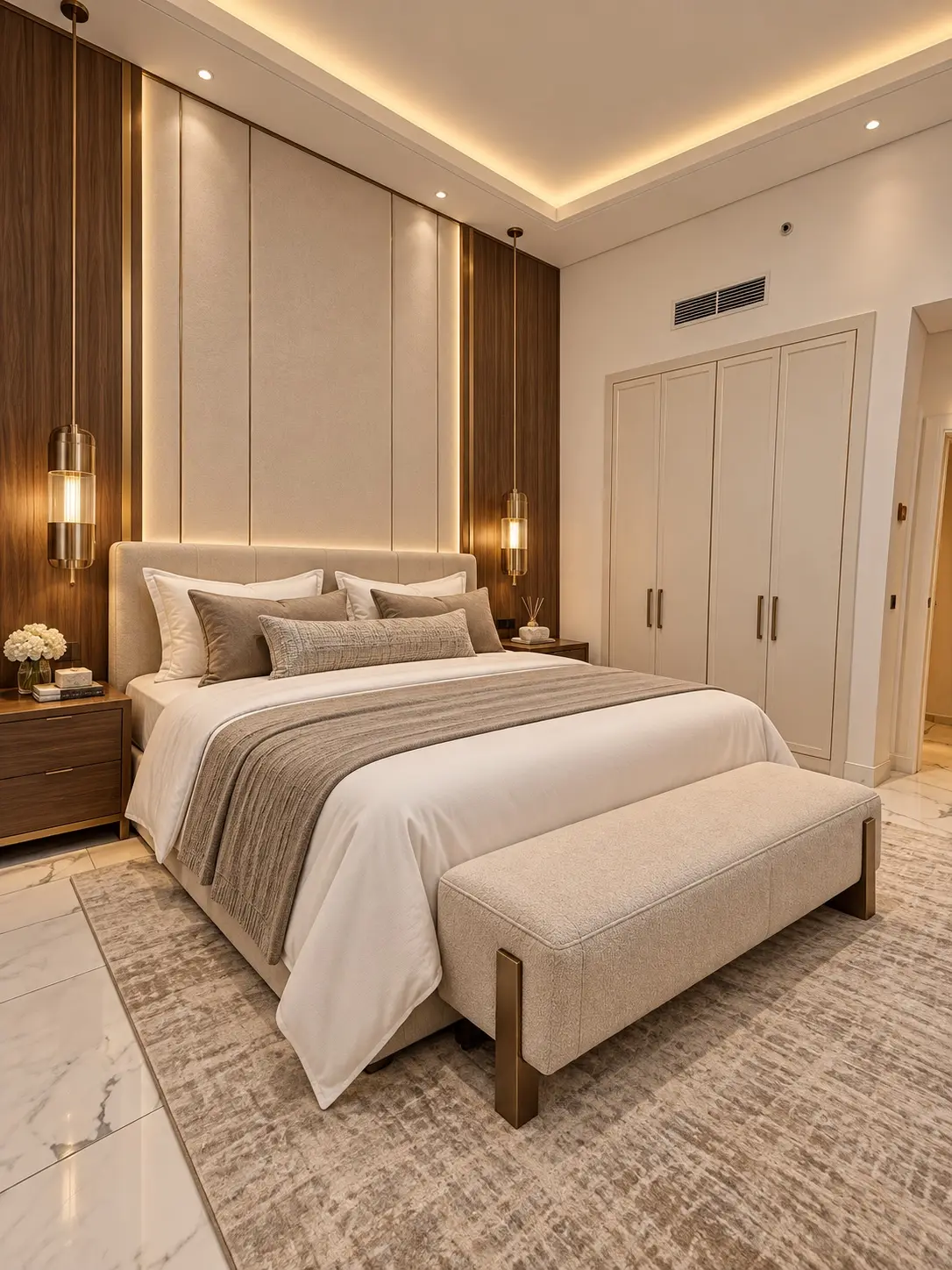 Renovated bedroom with upholstered wall, walnut panels and integrated lighting
