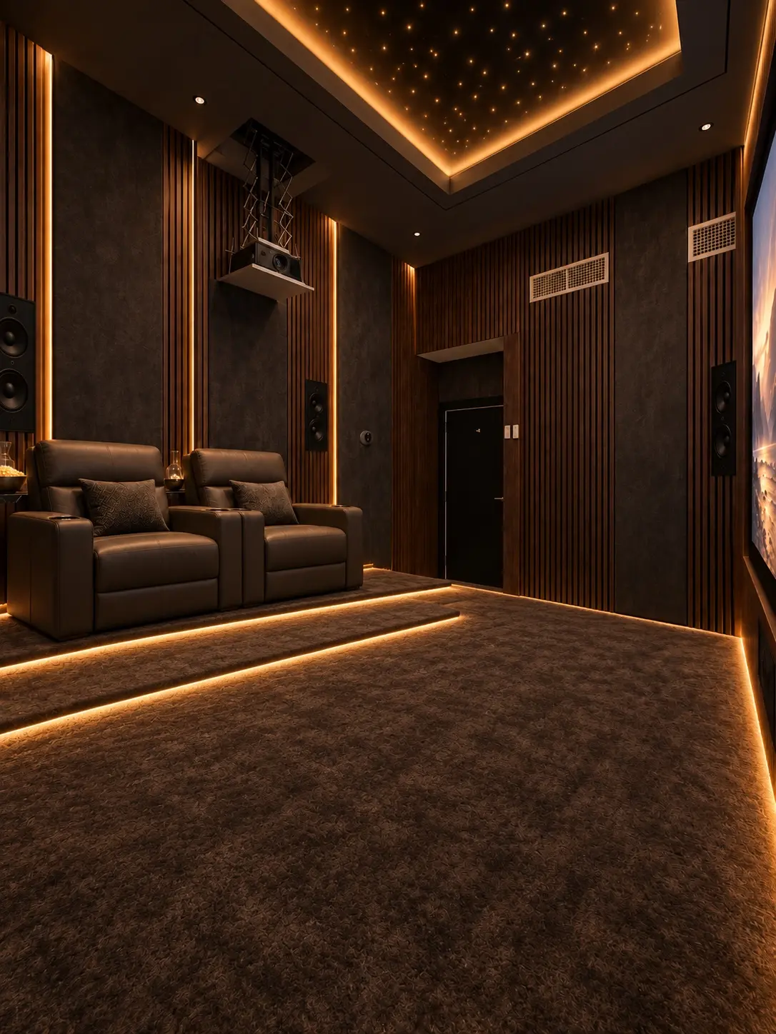 Renovated private cinema with acoustic wall panels, recliners and star ceiling