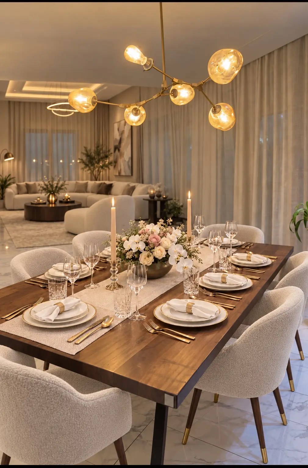 Renovated dining area with warm timber table, upholstered seating and sculptural lighting