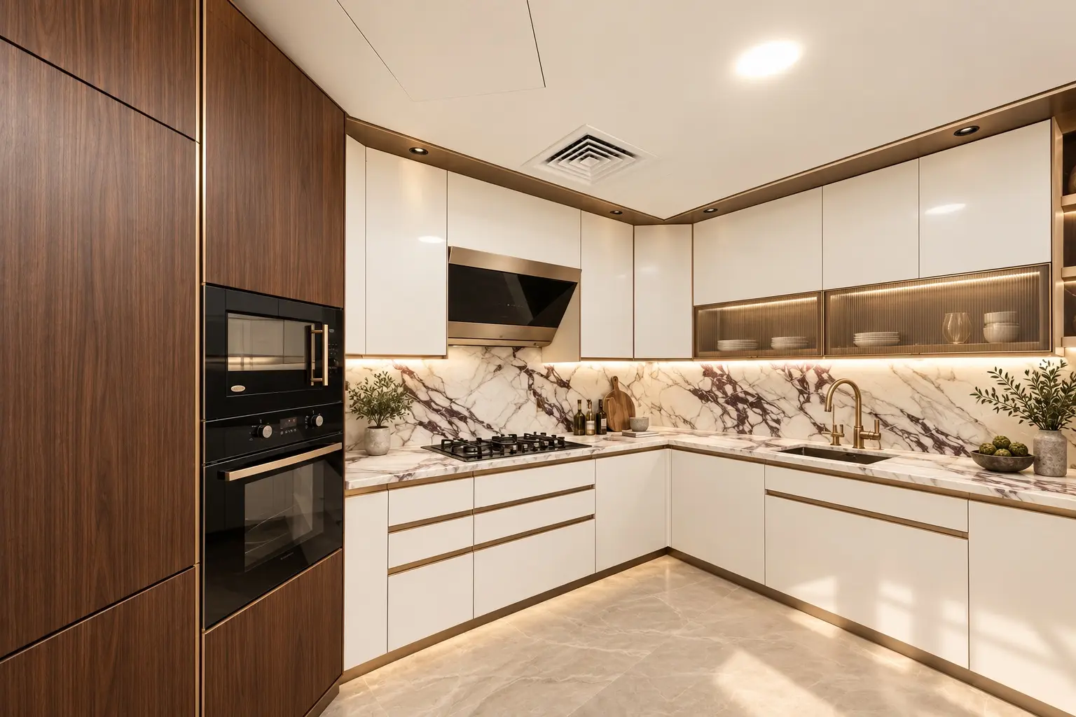 Renovated kitchen with white cabinetry, walnut joinery and dramatic stone splashback