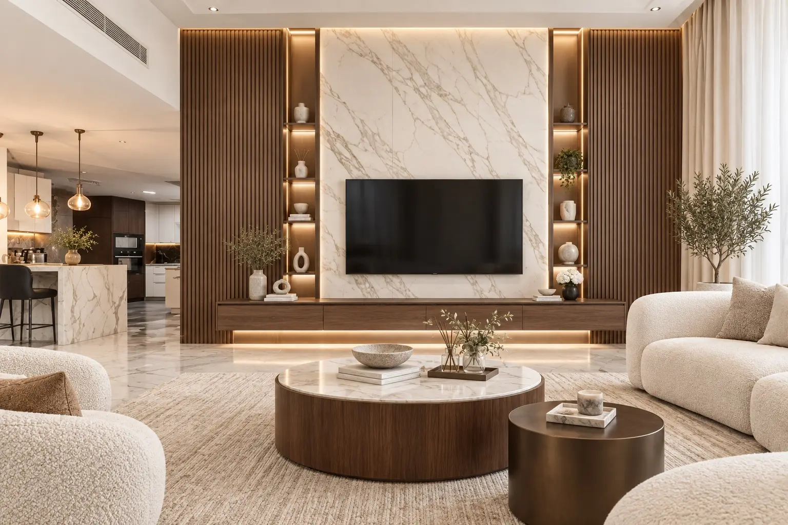 Renovated living room with marble media wall, warm timber and curved seating