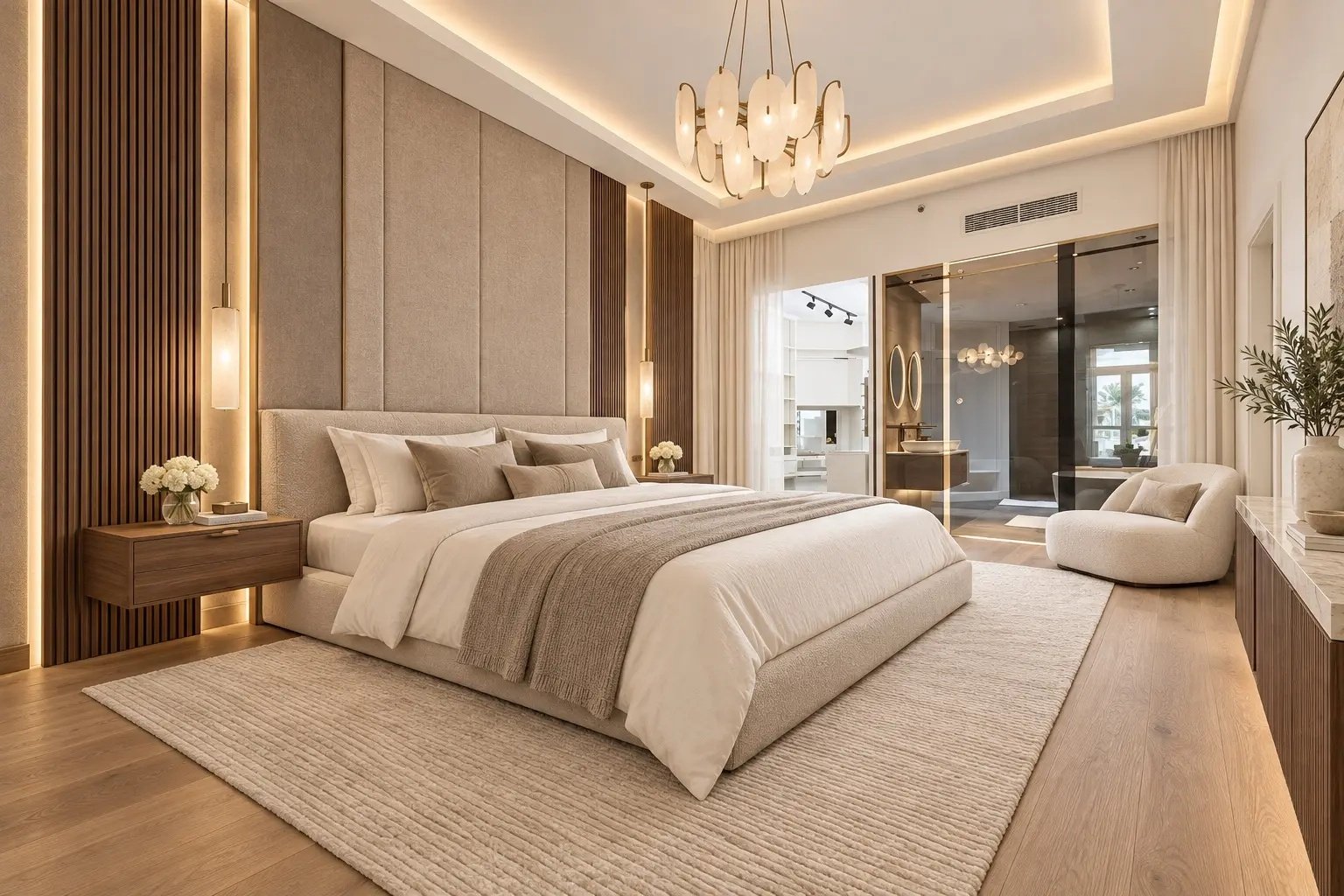 Renovated master bedroom with timber wall panels and glazed connection to dressing room