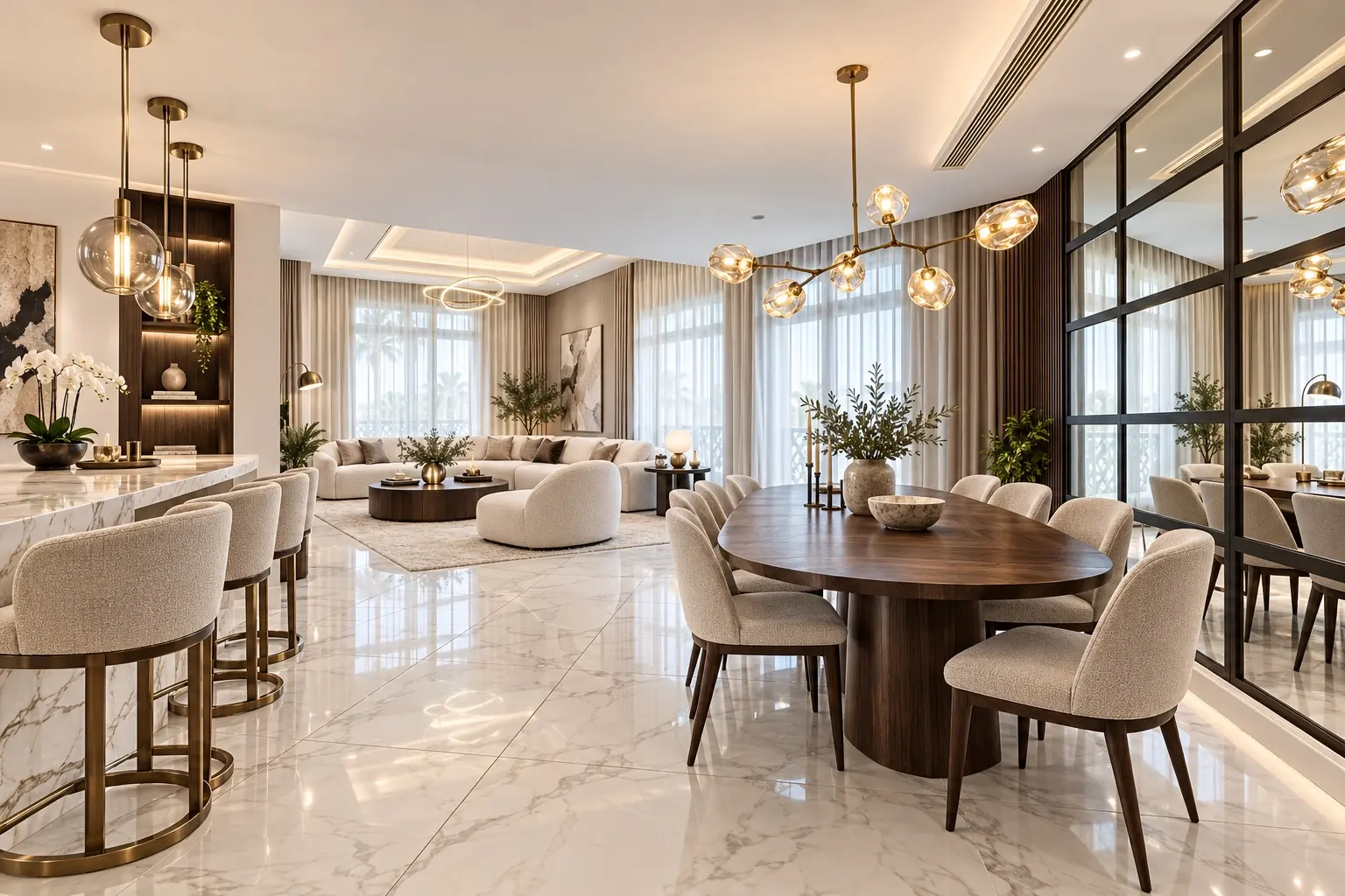 Renovated open-plan living, dining and kitchen space
