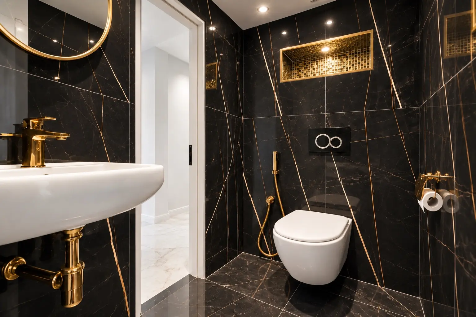 Renovated parents' toilet with black stone surfaces and gold fittings