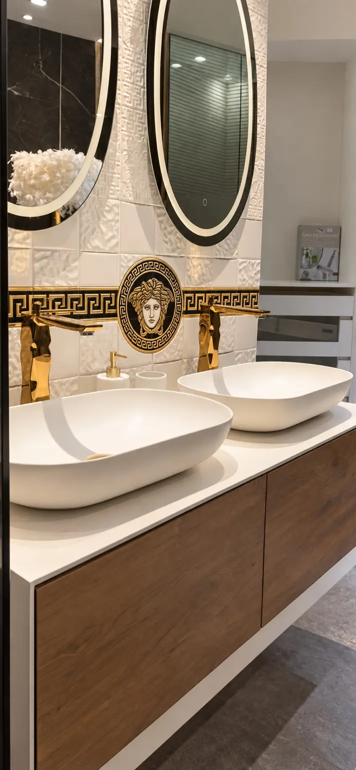 Renovated double vanity with walnut cabinetry, gold fittings and illuminated mirrors